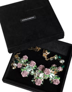 Gold Brass Link Chain Rose Petal Crystal Necklace