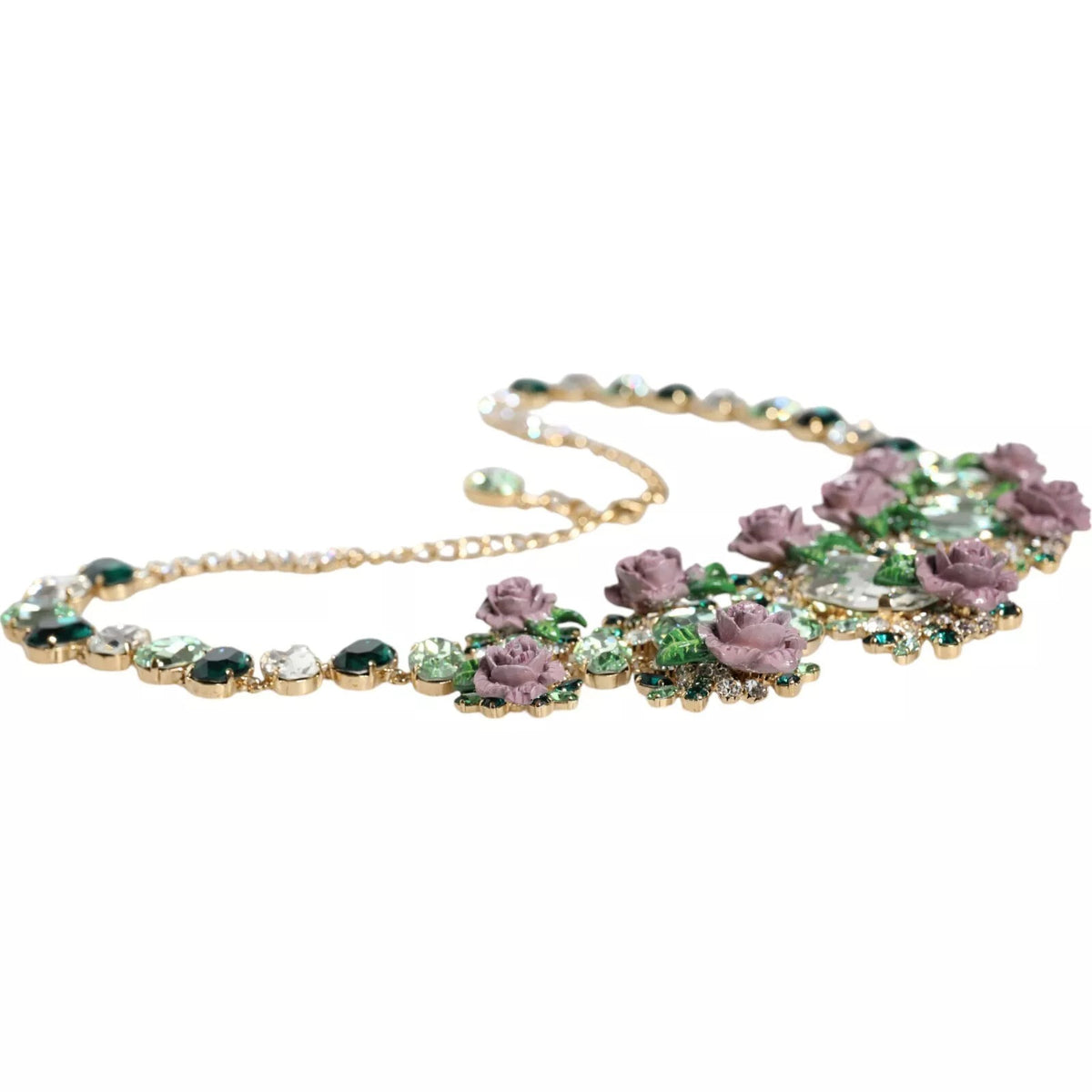 Gold Brass Link Chain Rose Petal Crystal Necklace
