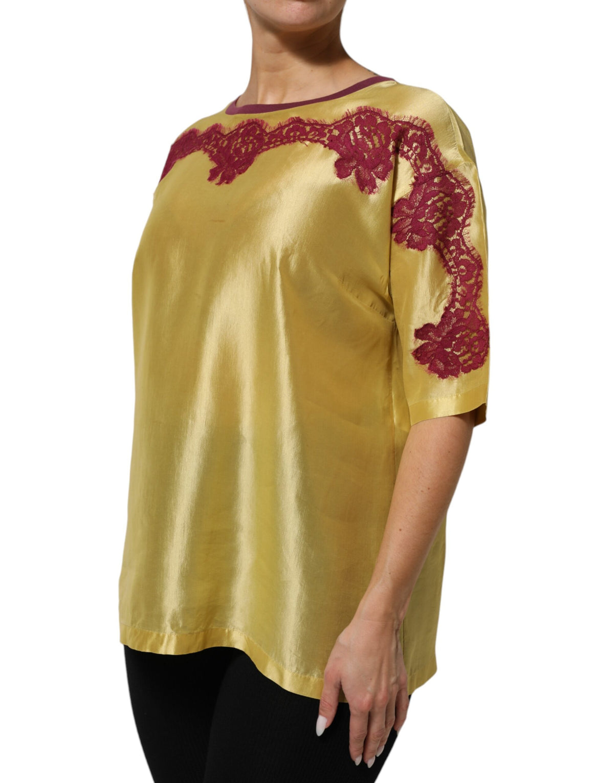 Yellow Silk Satin Floral Lace Short Sleeves Top