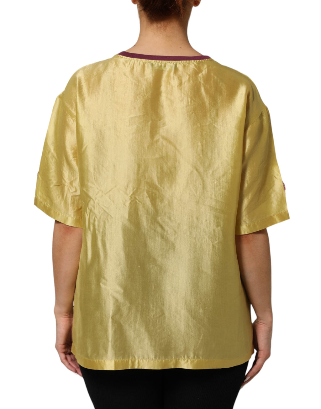 Yellow Silk Satin Floral Lace Short Sleeves Top