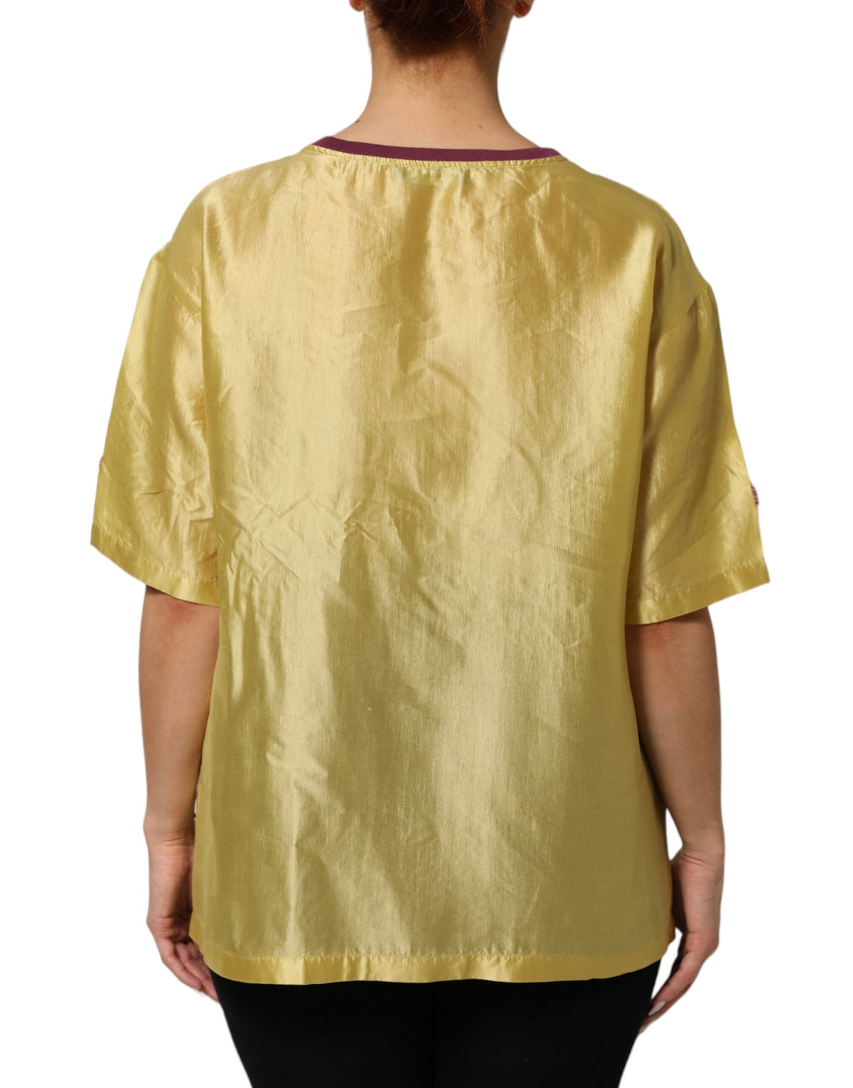 Yellow Silk Satin Floral Lace Short Sleeves Top