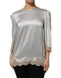 Gray Silk Satin Floral Lace Long Sleeve Top