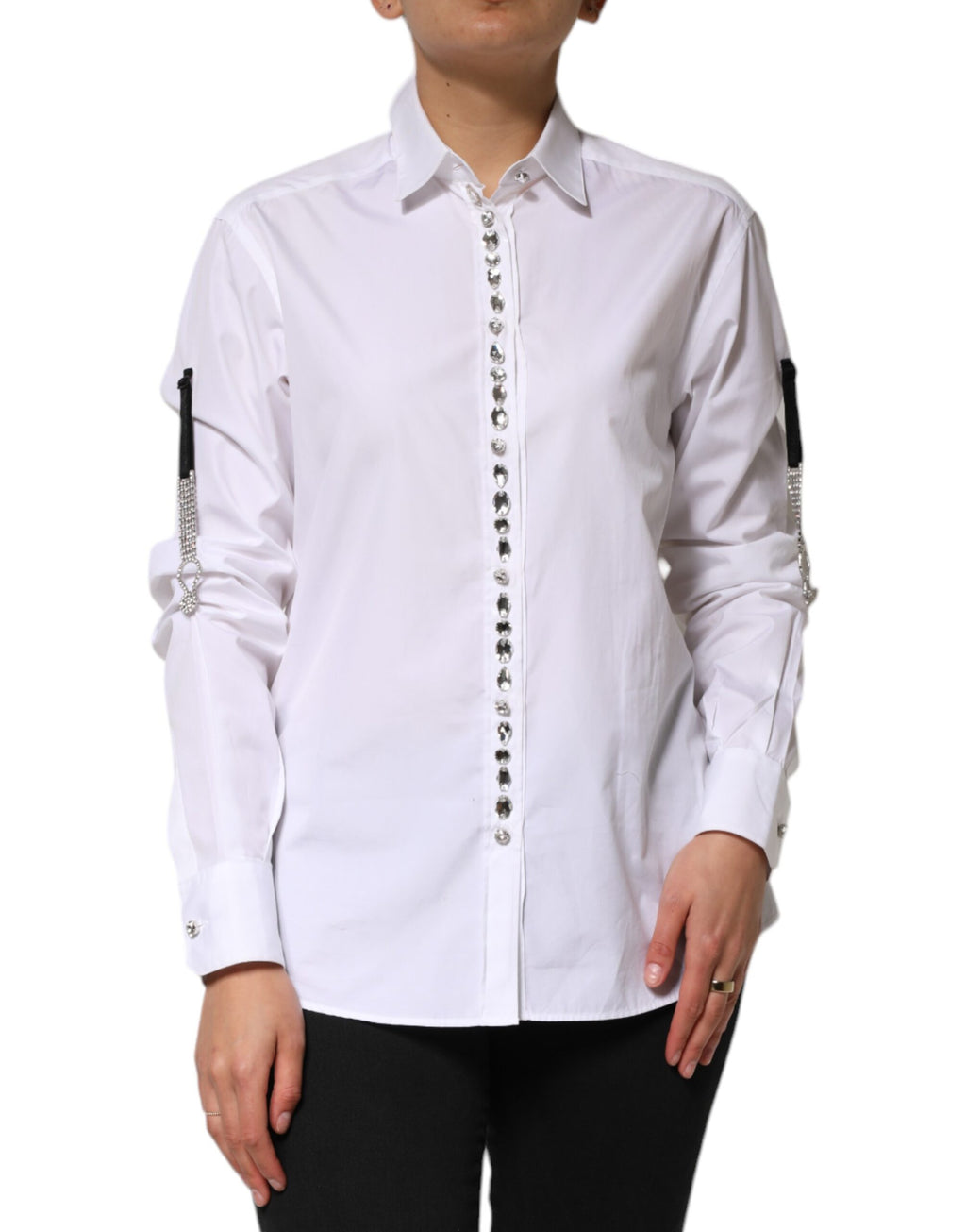White Crystal Embellished Dress Shirt Top
