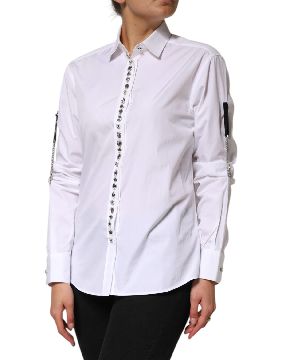 White Crystal Embellished Dress Shirt Top