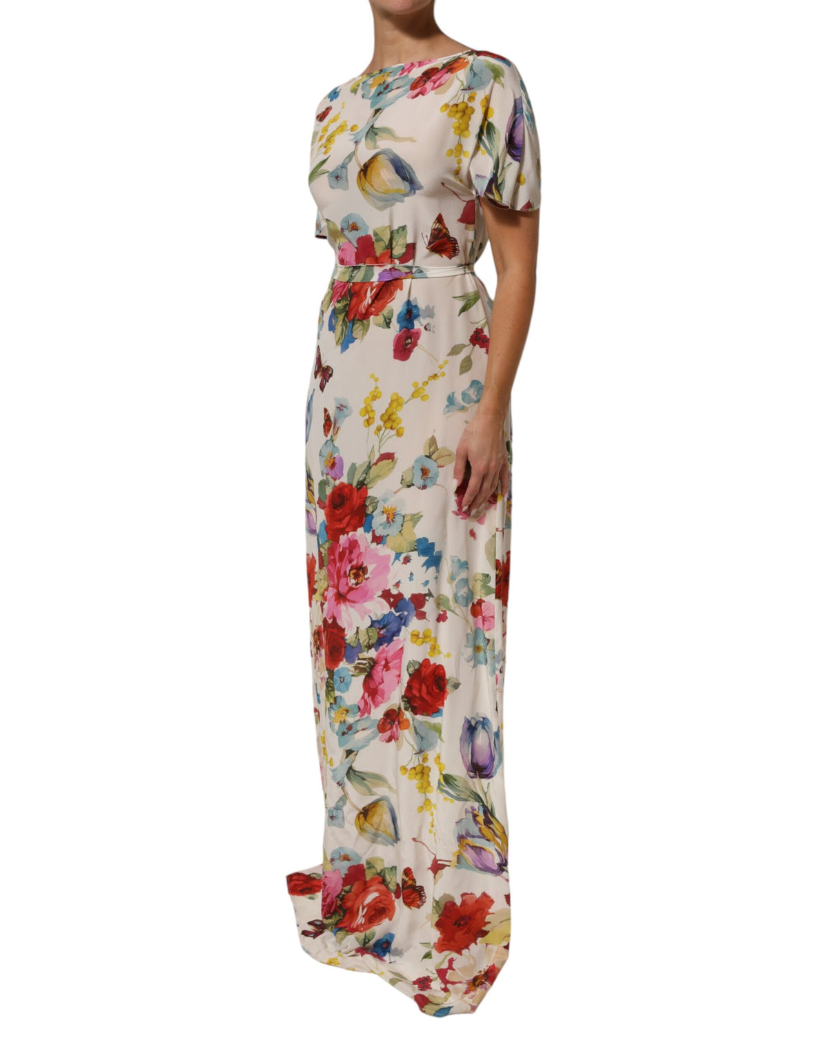 White Floral Print Silk Sheath LongGown Dress