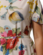 White Floral Print Silk Sheath LongGown Dress