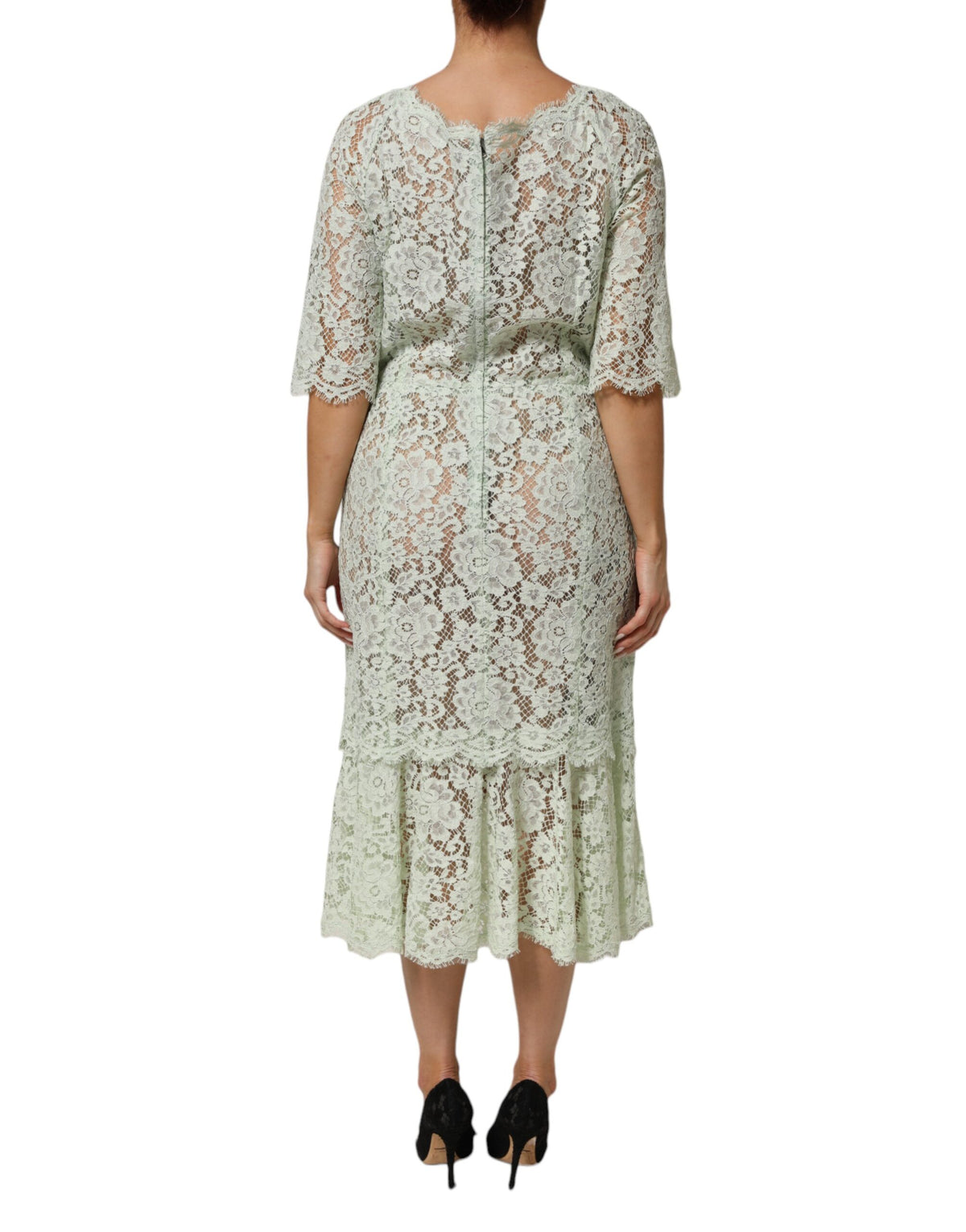 Mint Green Floral Lace Trim Midi Dress