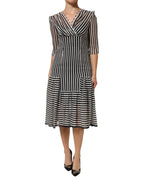 Black White Stripes Silk V-neck Midi Dress