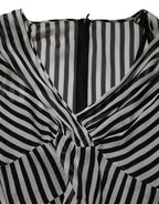Black White Stripes Silk V-neck Midi Dress