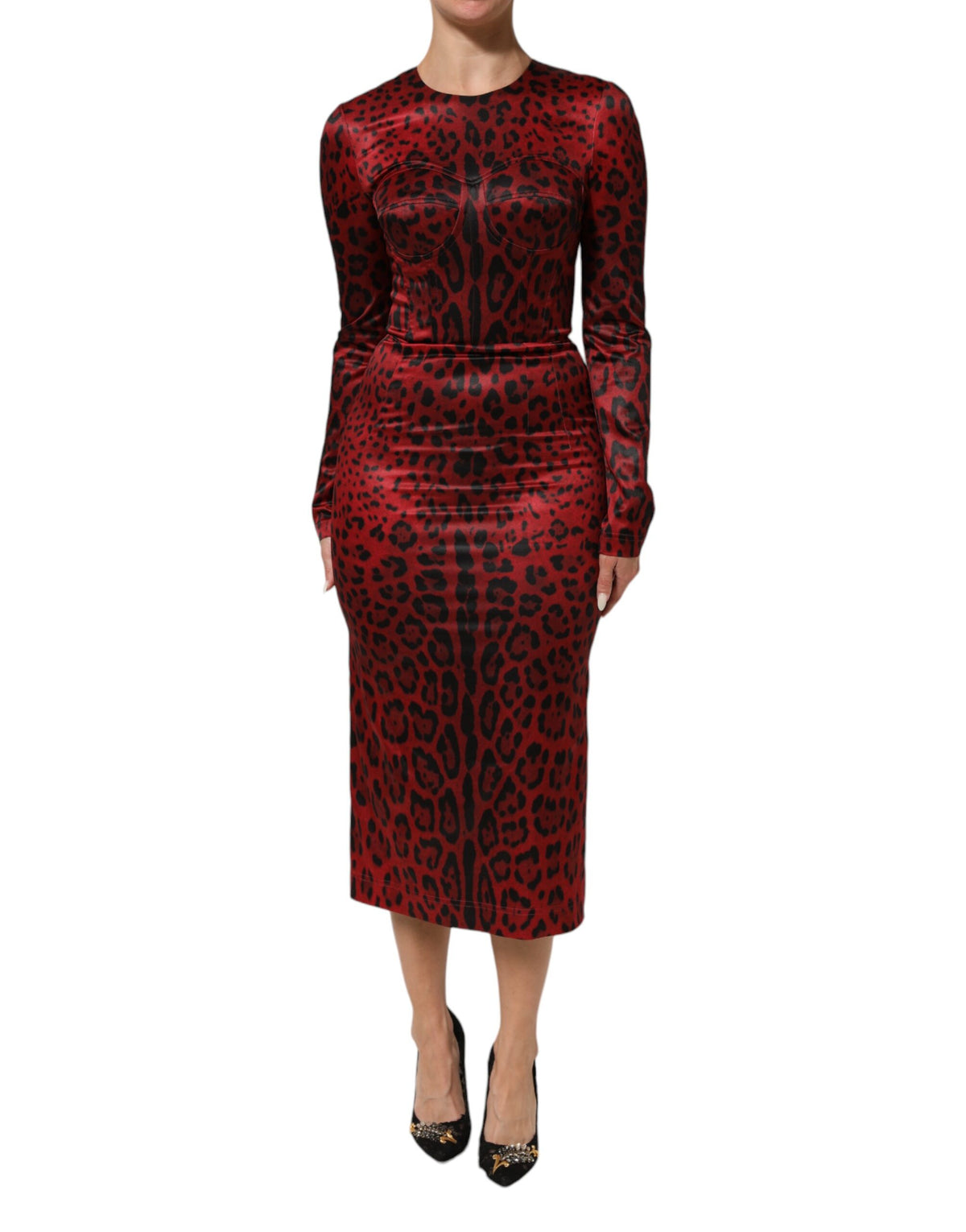 Red Leopard Sheath Long Sleeves Dress