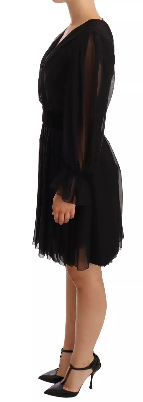 Black Silk Tulle Long Sleeve V-neck Dress