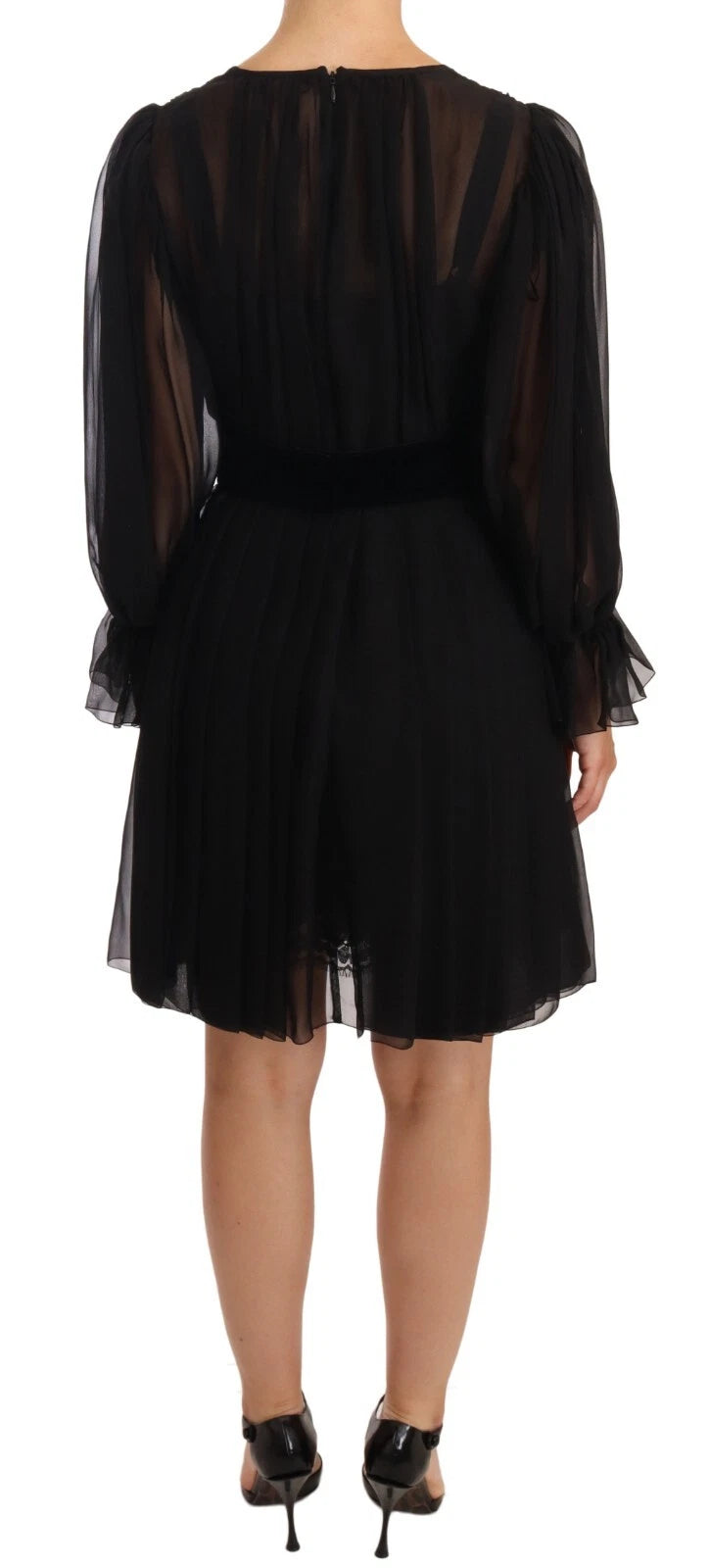 Black Silk Tulle Long Sleeve V-neck Dress