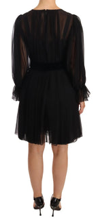 Black Silk Tulle Long Sleeve V-neck Dress