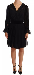 Black Silk Tulle Long Sleeve V-neck Dress