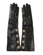 Black Leather Embellished Long Mitten Gloves