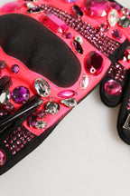Black Pink Crystal Wrist Length Mitten Gloves
