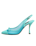 Blue Leather Mesh Heels Slingback Shoes