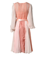Pink Silk Tulle Long Sleeve V-neck Dress