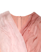 Pink Silk Tulle Long Sleeve V-neck Dress