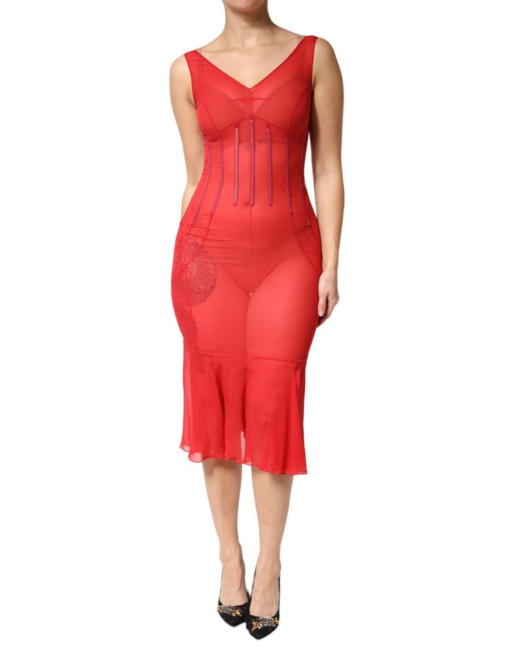 Red Silk Sleeveless Sheath V-neck Midi Dress
