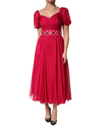 Pink Silk Embellished A-line Midi Dress