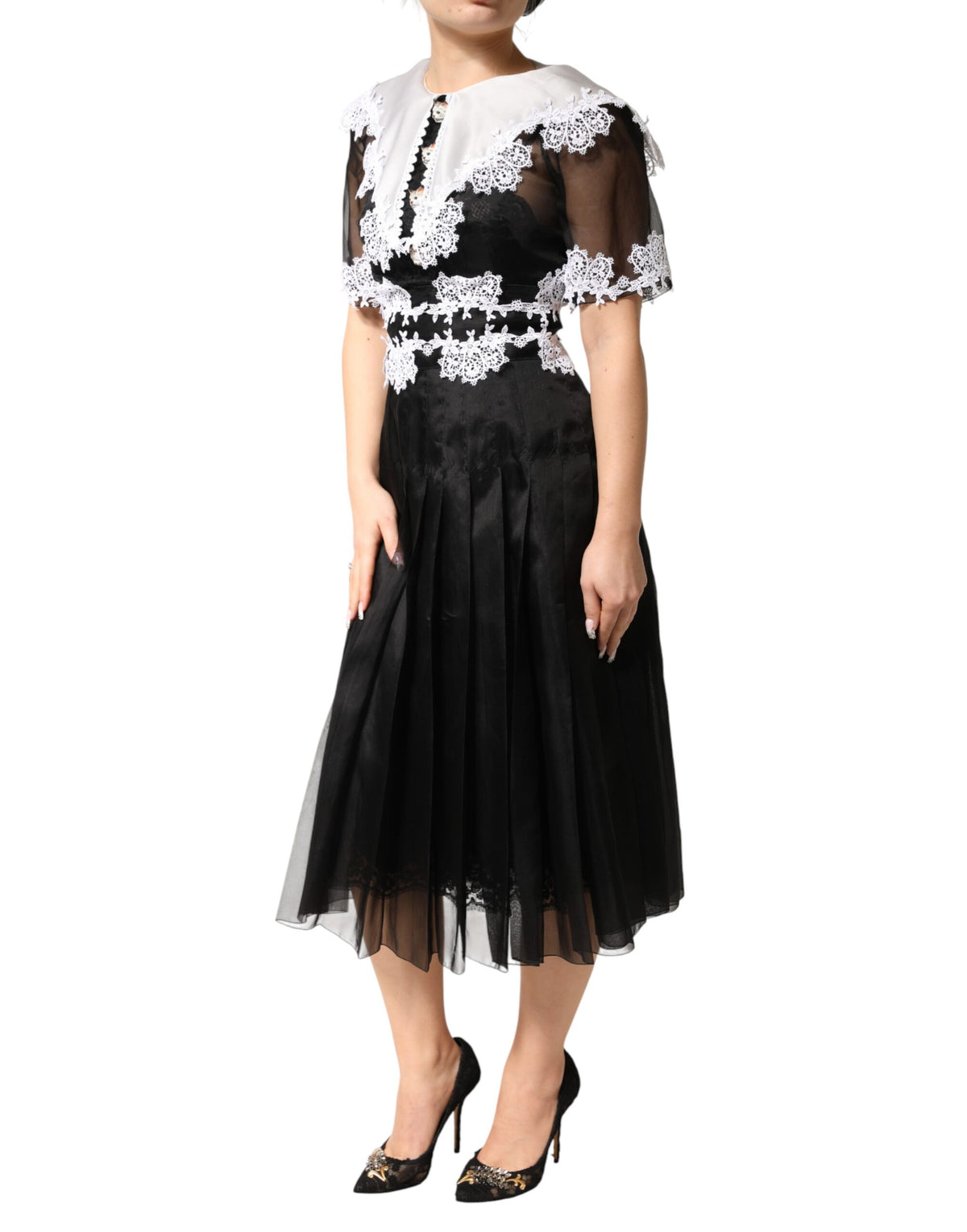 Black White Silk Macrame Lace Midi Dress