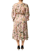 Pink Lily Print A-line Pleated Maxi Dress
