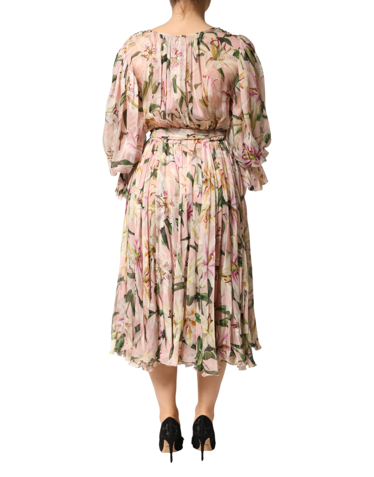 Pink Lily Print A-line Pleated Maxi Dress