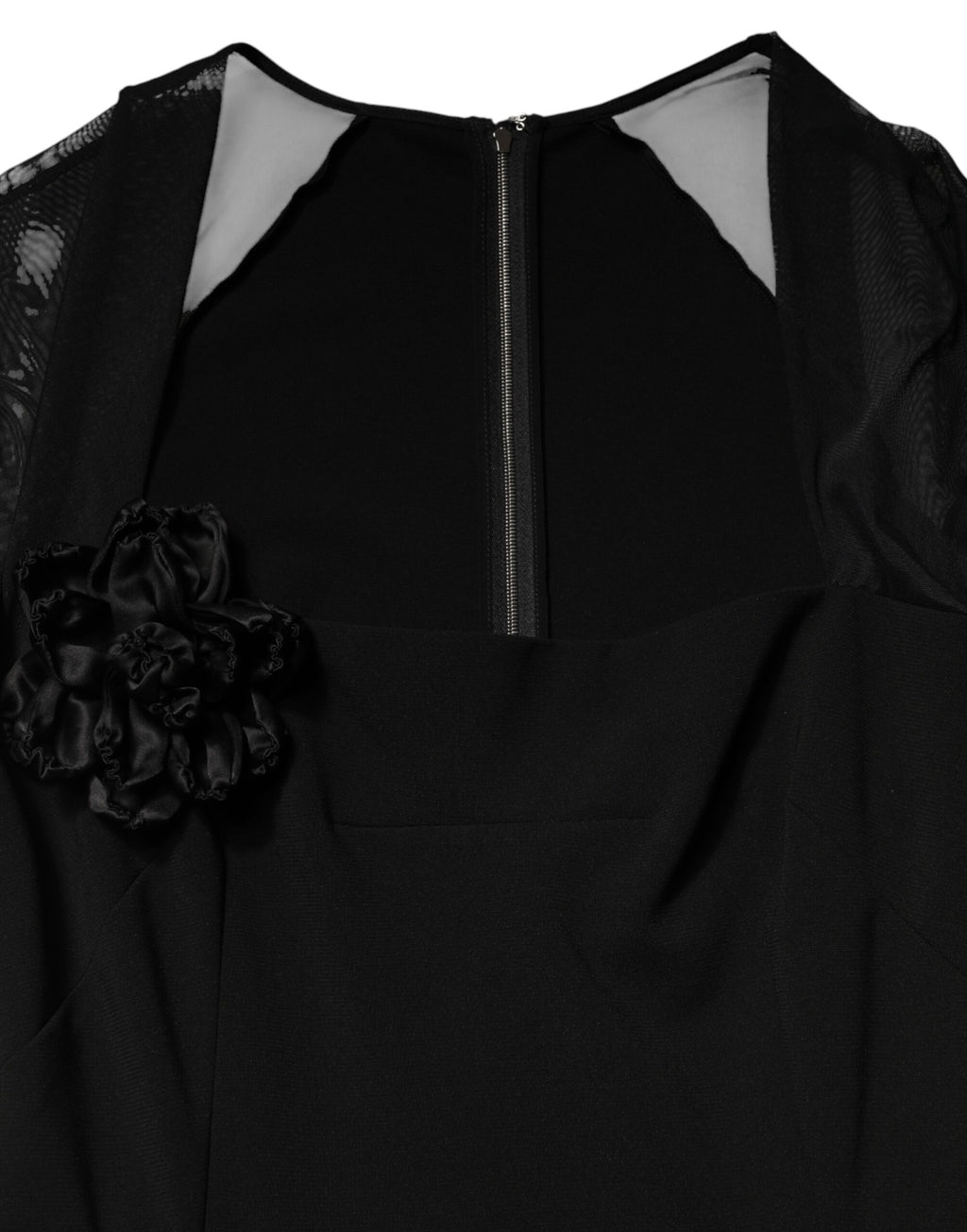 Black Sheer Yoke Rosette Sheath Midi Dress