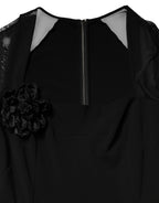 Black Sheer Yoke Rosette Sheath Midi Dress