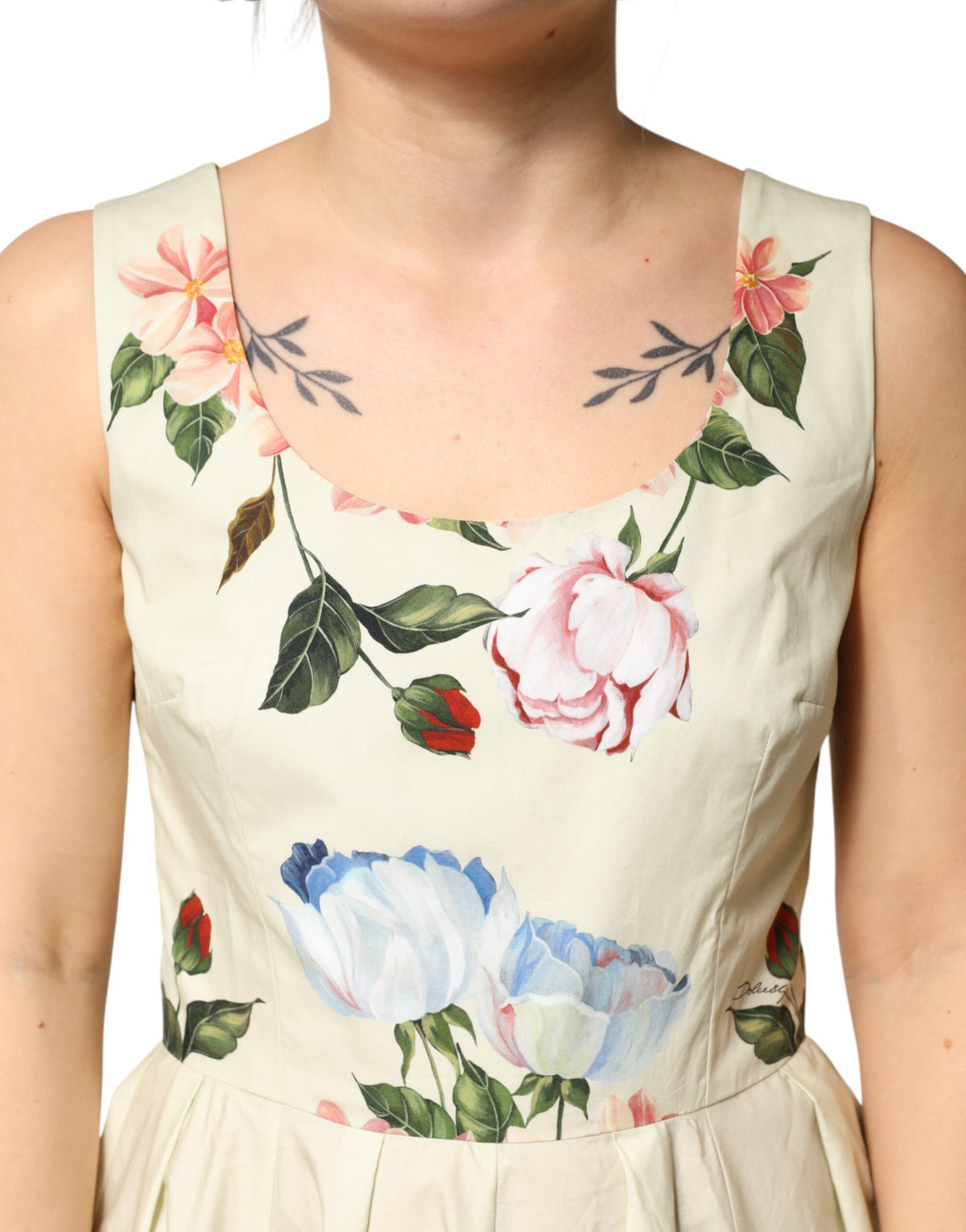 Beige Floral Sleeveless A-line Dress