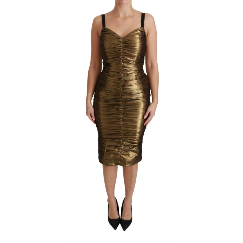Gold Metallic Stretch Bodycon Ruched Dress