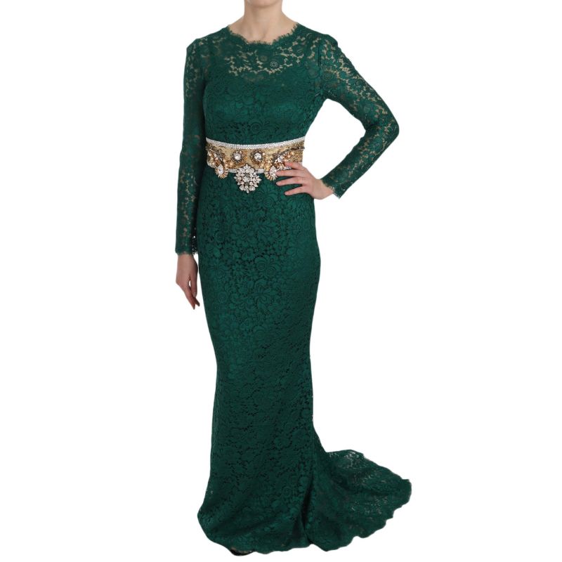Crystal Gold Belt Lace Sheath Gown Dress