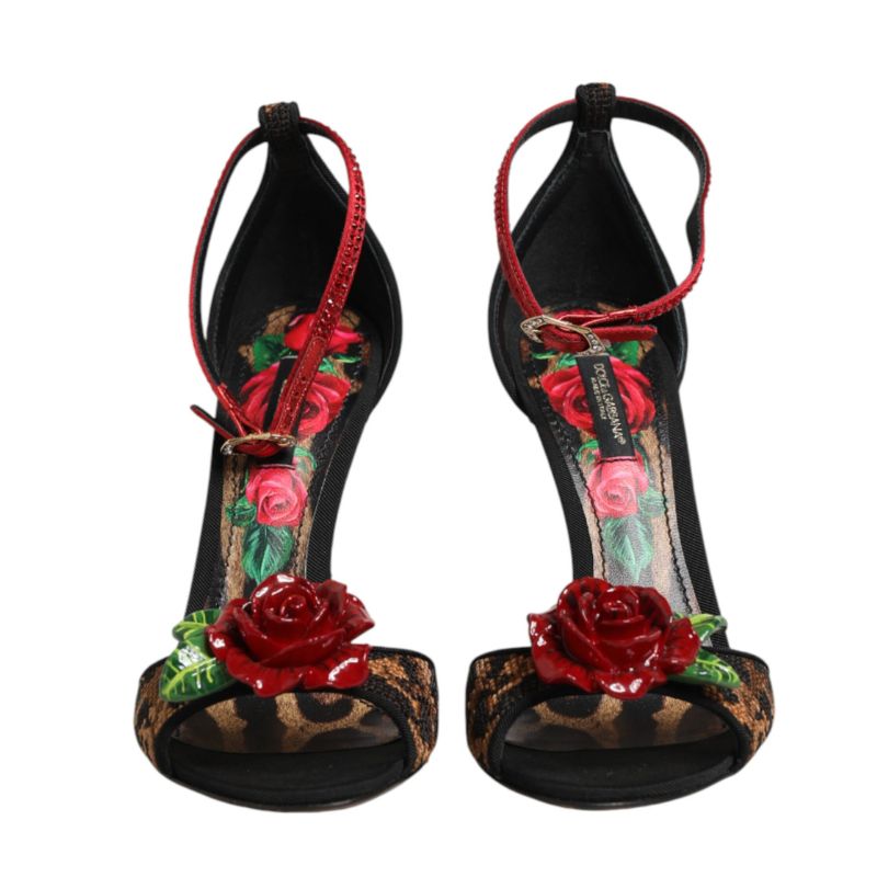 Brown Leopard Crystal Roses Sandals Shoes