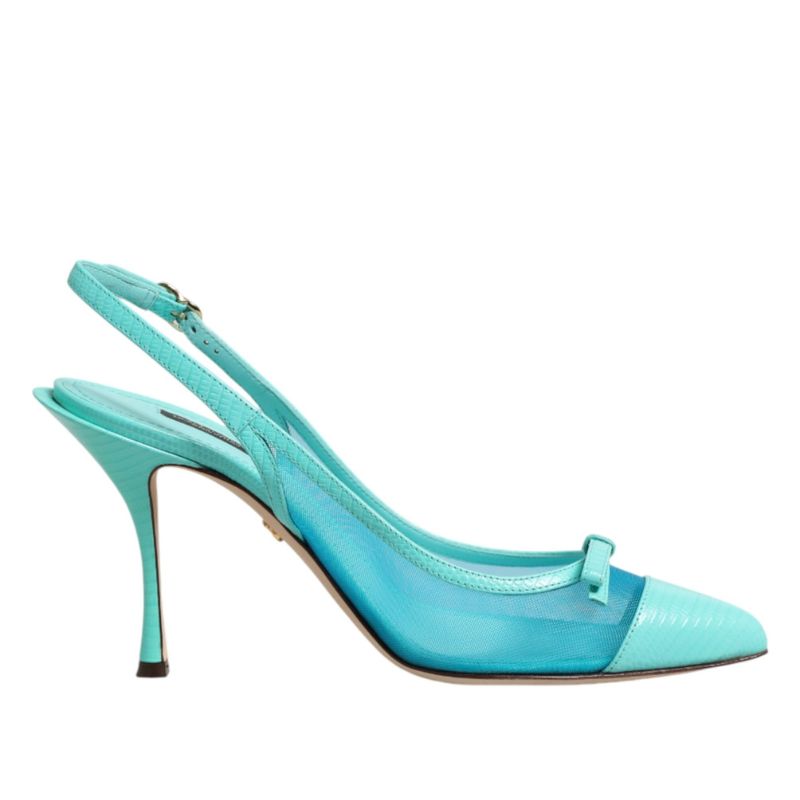 Blue Leather Mesh Heels Slingback Shoes