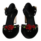 Black Velvet Roses Ankle Strap Pumps Shoes