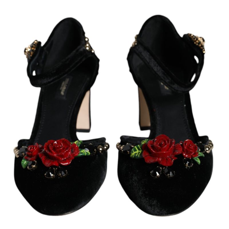 Black Velvet Roses Ankle Strap Pumps Shoes