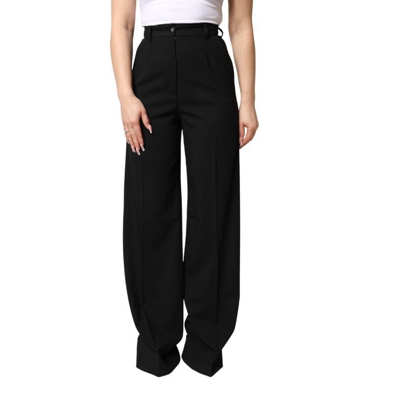 Black Wool Blend Straight High Waist Pants